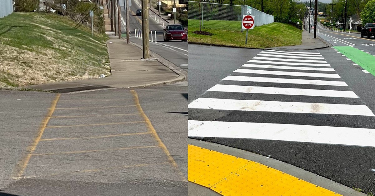 A before and after picture of a remodeled pedestrian crosswalk.